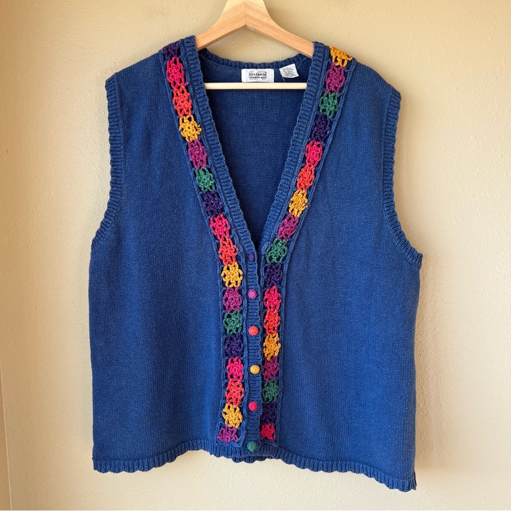 Vintage Sostanza Knit Vest Women’s L Blue Sweater Colorful Crochet Flowers Artsy